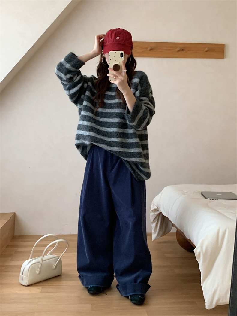 レディース トップス ニット 長袖 ボーダー ストライプ ゆったり 秋冬 秋 カジュアル レトロ 体型カバー 膝丈 ラウンドネック 冬 切り替えデザイン プルオーバー ストレッチ