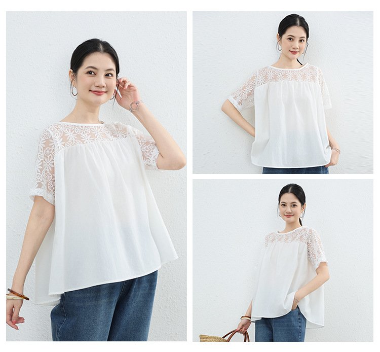 シャツ トップス Tシャツ 半袖 無地 ゆったり 春夏 きれいめ 通勤 大きいサイズ 前開き 春 夏 ラウンドネック レース シンプル 上品
