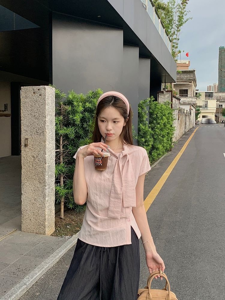 レディース シャツ トップス Tシャツ 半袖 ボーダー ストライプ 春夏 カジュアル 韓国風 前開き プリーツ 春 夏 タイト フリル Aライン リボン 切り替えデザイン タイ レギュラー ポリエステル
