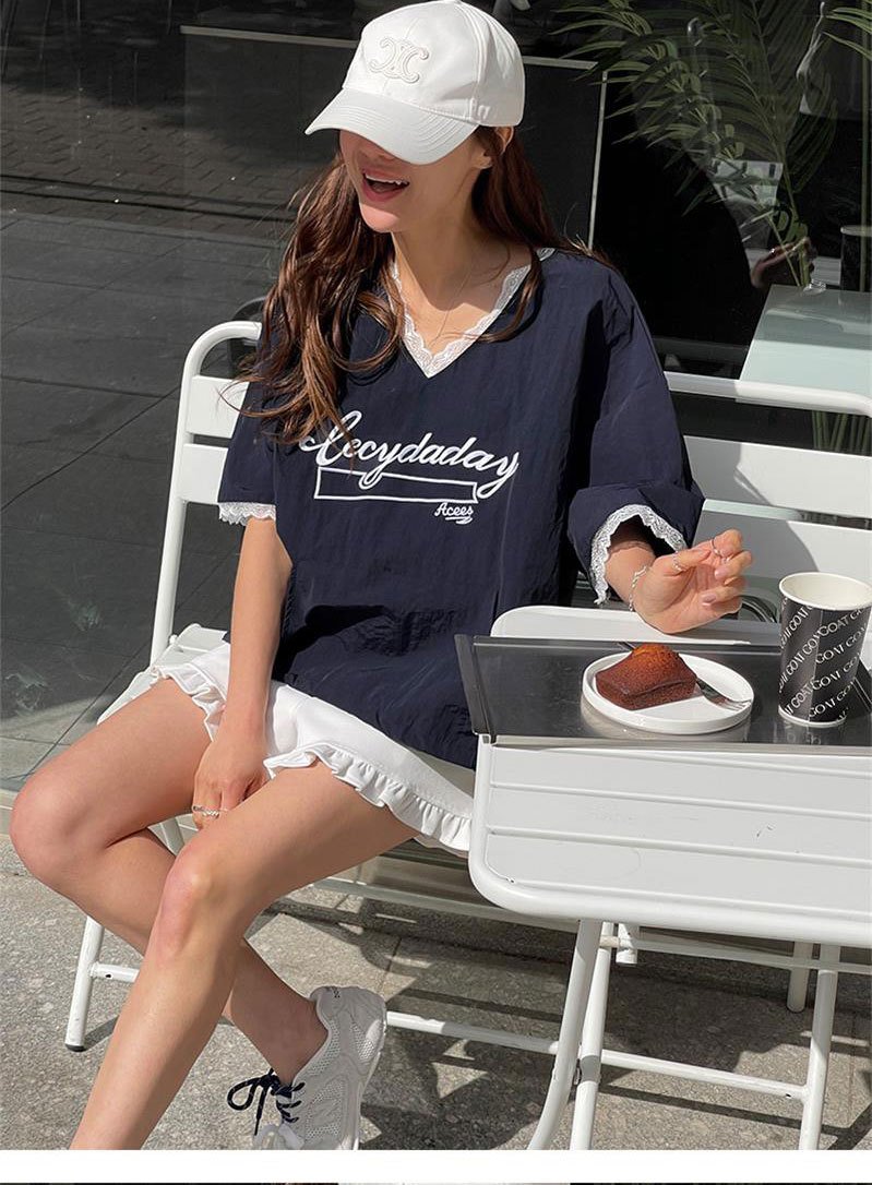レディース シャツ Tシャツ 半袖 ゆったり 春夏 カジュアル 前開き Vネック 春 夏 膝丈 レース 速乾
