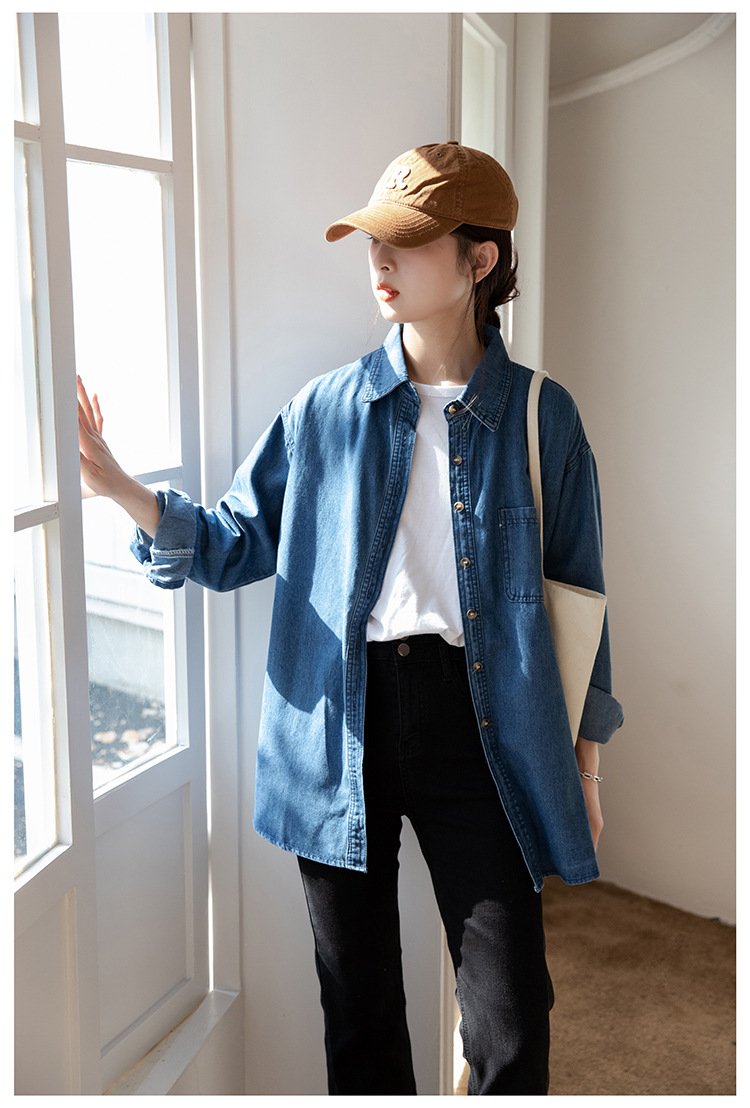レディース シャツ トップス ジャケット 長袖 無地 コットン 綿 デニム 秋冬 秋 レトロ 韓国風 重ね着 前開き シンプル 冬 切り替えデザイン ヴィンテージ