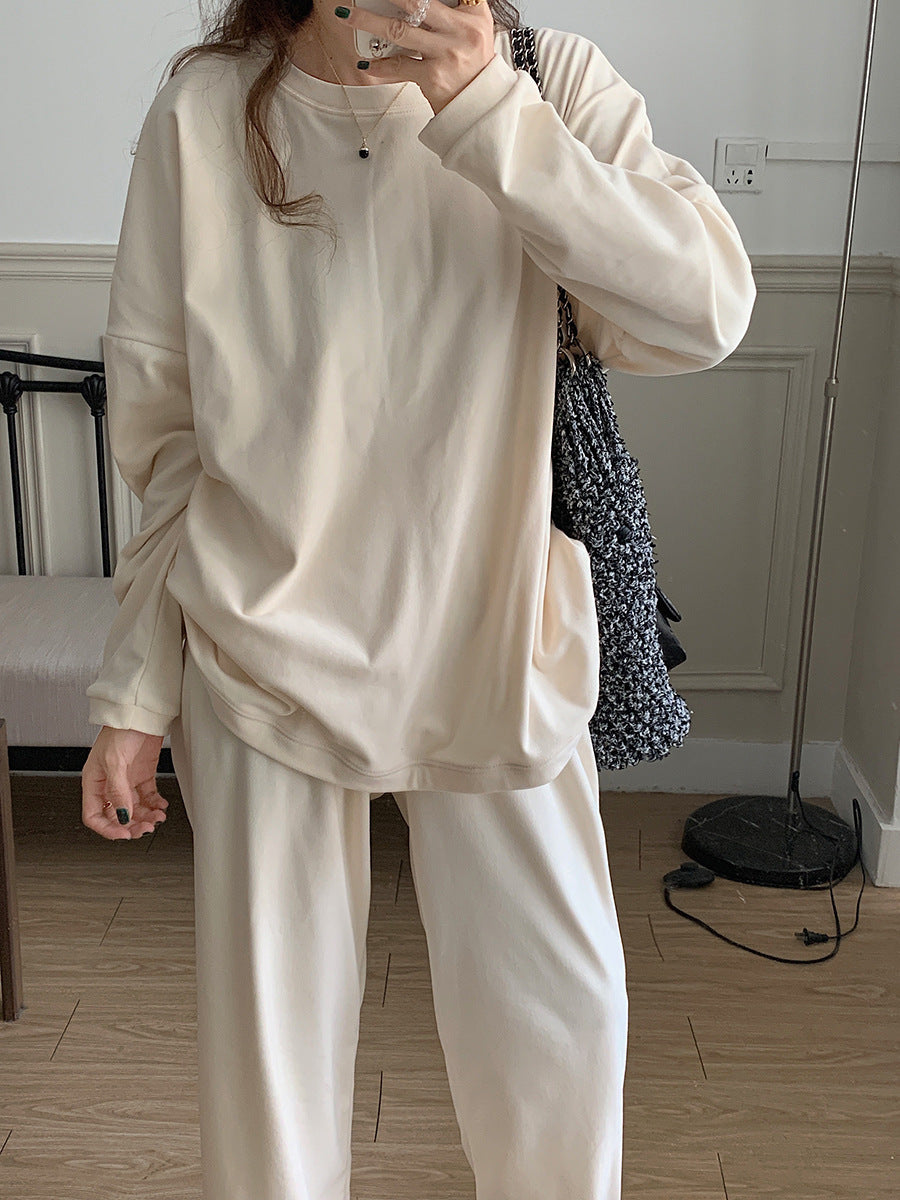 レディース トップス パンツ ボトムス ルームウェア パジャマ プルオーバー 部屋着 セットアップ 2点セット 上下セット 裏起毛 寝巻き ロング ミドル丈 長袖 ドロップショルダー ラウンドネック 襟なし ワイド オーバーサイズ  かわいい シンプル カジュアル ラフ こなれ感 ベーシック 無地 秋 冬 ママ お泊まり リゾート 旅行 休日 ホテル お家時間 楽ちん M L XL 2XL 大きいサイズ ゆったり ブラック ピンク ベーシックカラー