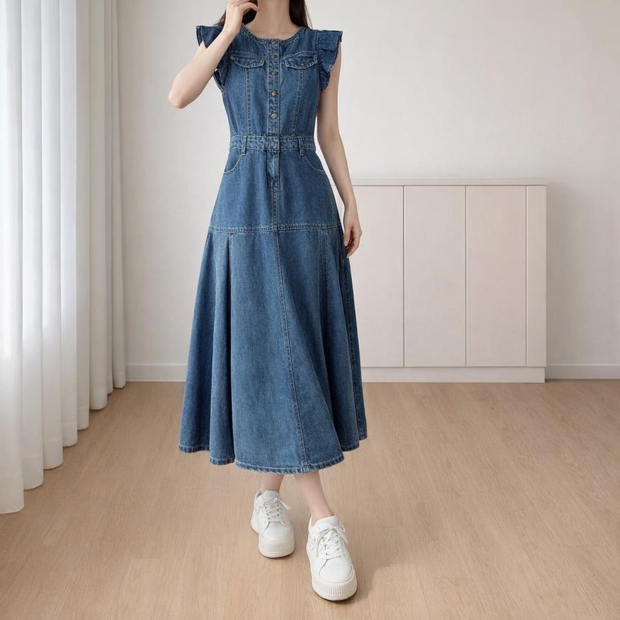 ワンピース ドレス デニム 春 秋 体型カバー 春夏 ラウンドネック 膝下 冬 ロング 上品 フレンチスリーブ ハイウエスト