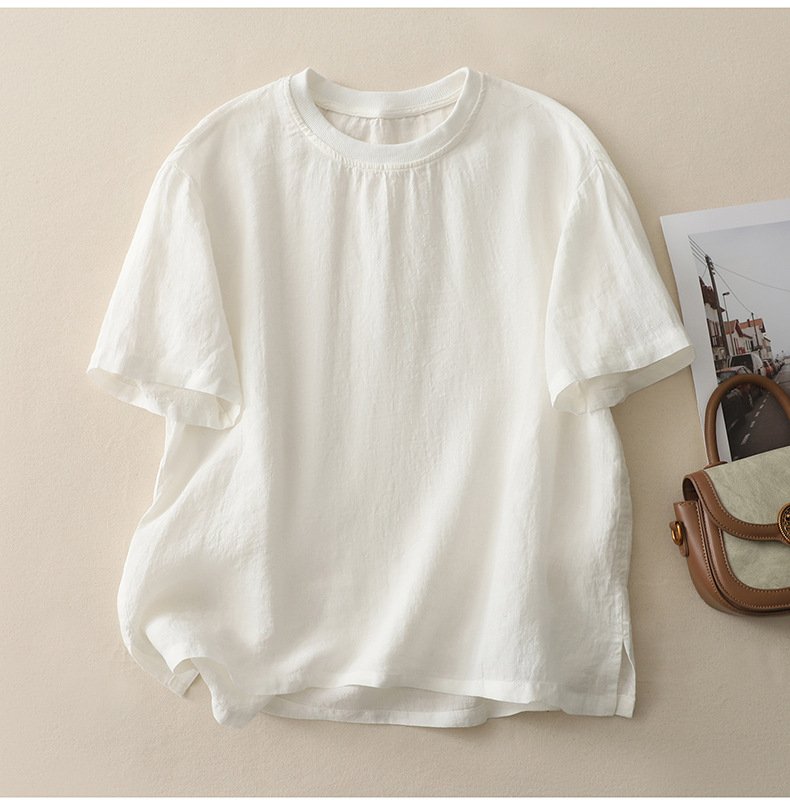 レディース トップス Tシャツ 半袖 無地 ゆったり 春夏 カジュアル レトロ 春 夏 ラウンドネック シンプル シャツ 切り替えデザイン プルオーバー リブ レギュラー ポリエステル