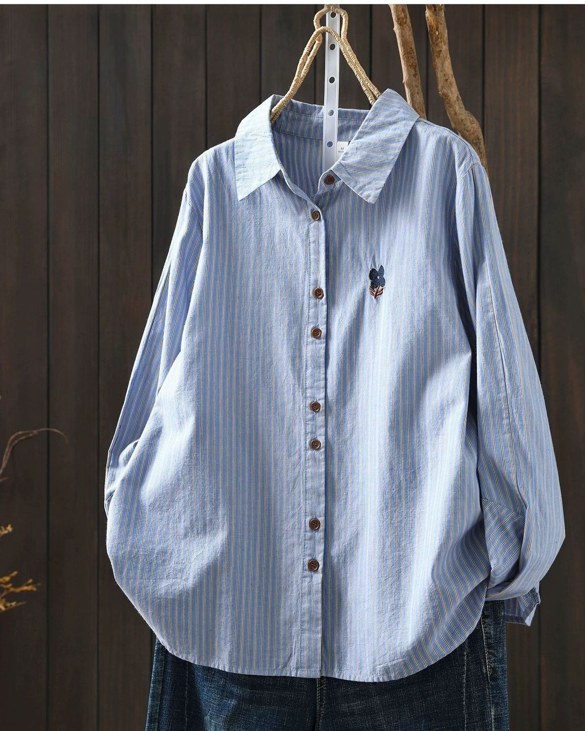 レディース シャツ 長袖 ボーダー ストライプ チェック柄 ゆったり 春夏 カジュアル 前開き 春 夏 刺繍 襟付き ブルー レギュラー ボタン ポリエステル