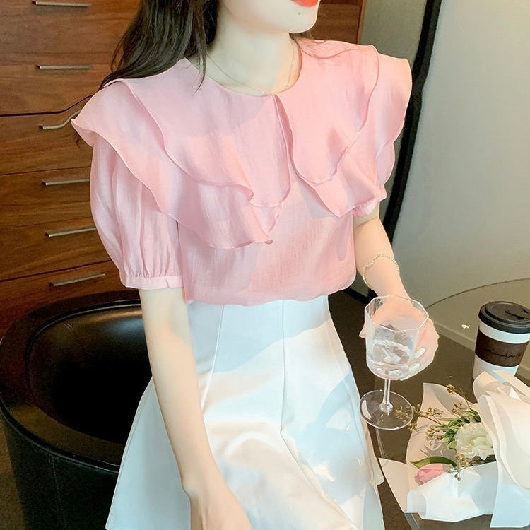 レディース トップス シャツ ブラウス 半袖 ボリューム袖 パフスリーブ フリルカラー ダブルカラー フェミニン シフォン かわいい 大人可愛い きれいめ シンプル 上品 おしゃれ ガーリー エレガント ラブリー キュート クラシカル ロマンティック 無地 春 夏 OL 通勤 デート お出かけ パーティー イベント レストラン 休日 ショッピング 普段使い 着回し 清楚 トレンド 流行 インスタ映え S M L XL 2XL 3XL 小さいサイズ 白 ホワイト オフホワイト ピンク 水色 ライトブルー