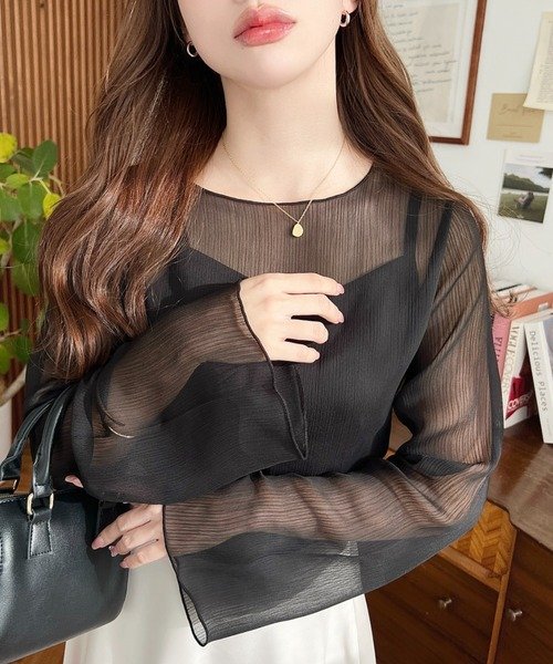 ブラウス シャツ トップス 長袖 無地 春夏 きれいめ 通勤 前開き 春 夏 レース シンプル 韓国ファッション シフォン 透け感 都会的