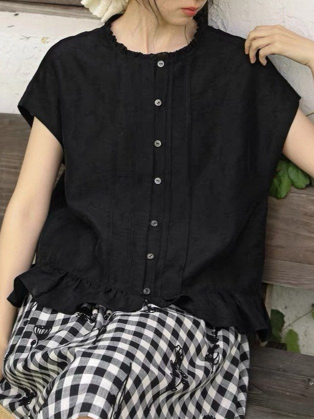 シャツ 半袖 ボーダー ストライプ 無地 ゆったり 麻 春夏 きれいめ 通勤 オフィス 体型カバー 前開き 春 夏 シンプル フリル 切り替えデザイン ラグラン レギュラー ボタン