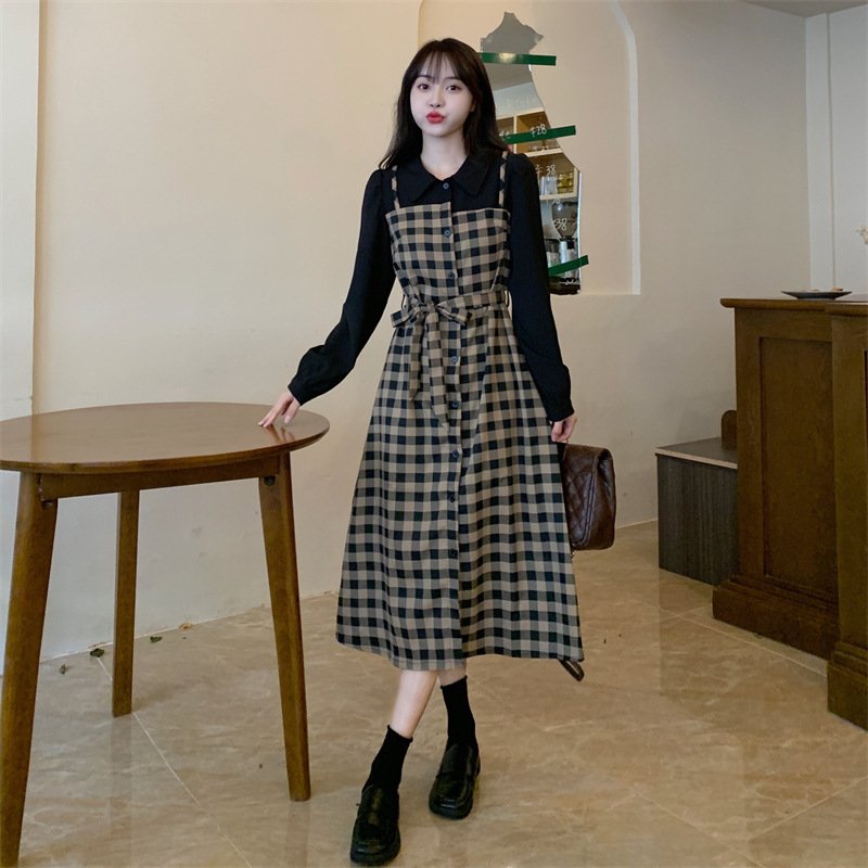 ワンピース 長袖 チェック柄 春 秋 レトロ 春夏 ぽっちゃり 襟付き