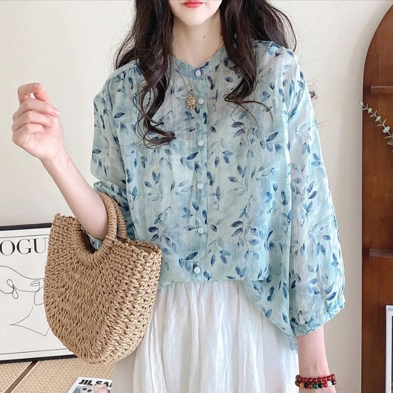 レディース シャツ 花柄 ゆったり 春夏 カジュアル きれいめ レトロ 前開き 春 夏 上品 シフォン ブルー スタンドカラー グリーン レギュラー ポリエステル