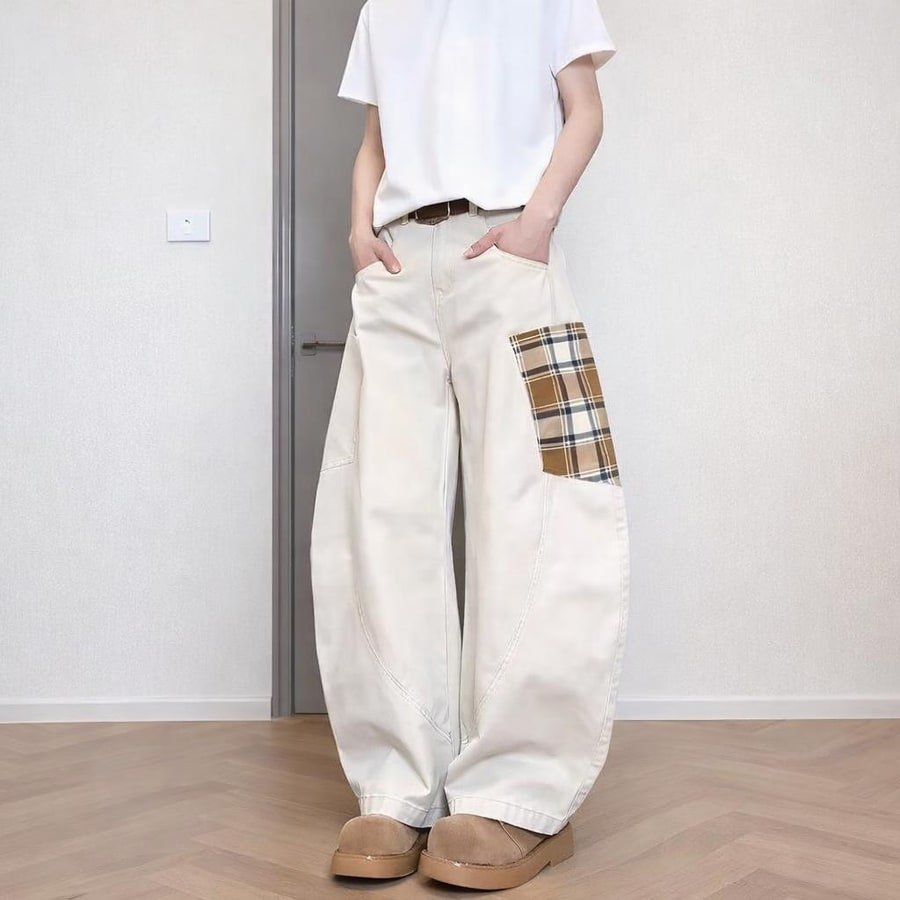 パンツ ボーダー ストライプ チェック柄 ゆったり ワイド コットン 綿 デニム 秋冬 秋 カジュアル アメリカン 冬 ロング デニムパンツ ポケット