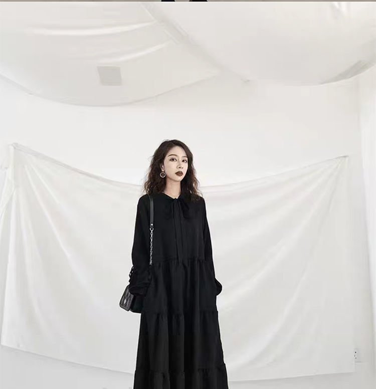 ワンピース 無地 春 きれいめ レトロ 通勤 春夏 シンプル シフォン ブラック