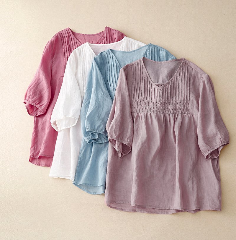 レディース シャツ Tシャツ 長袖 無地 ゆったり コットン 綿 麻 夏 きれいめ 通勤 体型カバー 春夏 前開き Vネック シンプル
