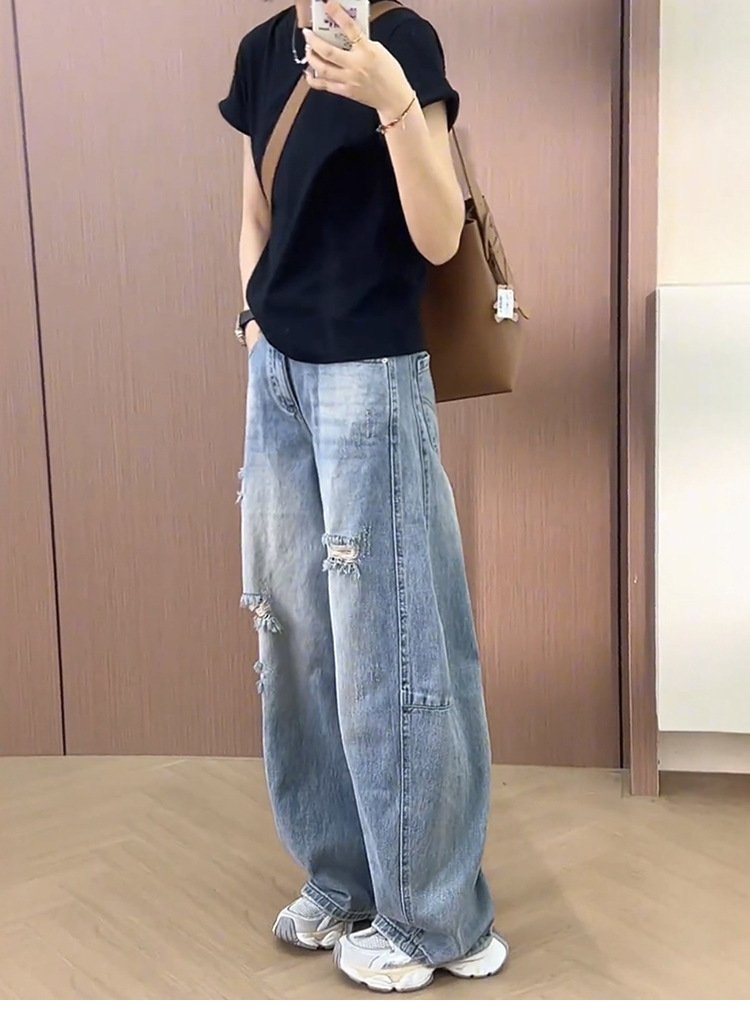 レディース パンツ ゆったり ワイド コットン 綿 デニム 夏 秋冬 カジュアル 大きいサイズ 秋 冬 スリム ロング ストレート ロングパンツ デニムパンツ ハイウエスト ダメージ