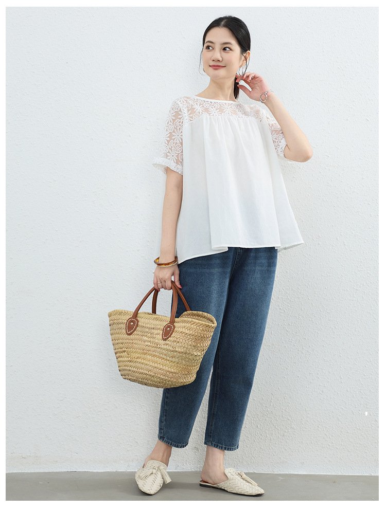 シャツ トップス Tシャツ 半袖 無地 ゆったり 春夏 きれいめ 通勤 大きいサイズ 前開き 春 夏 ラウンドネック レース シンプル 上品