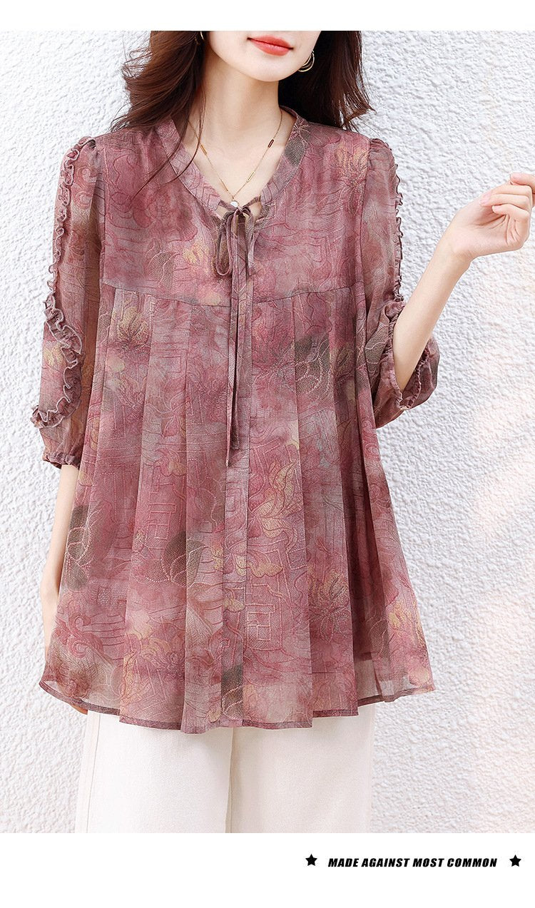 トップス 長袖 ゆったり 春夏 カジュアル きれいめ レトロ 体型カバー Vネック プリーツ 春 夏 ミモレ 上品 切り替えデザイン ポリエステル 着痩せ