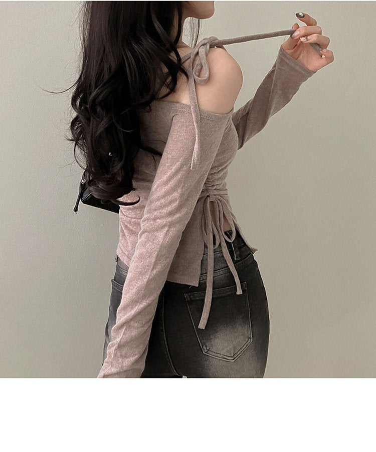レディース ブラウス シャツ トップス 長袖 スリム 春夏 きれいめ 前開き 春 夏 ホワイト 膝丈 上品 グレー ダークグレー アシンメトリー オフショルダー エレガント Tシャツ モカ