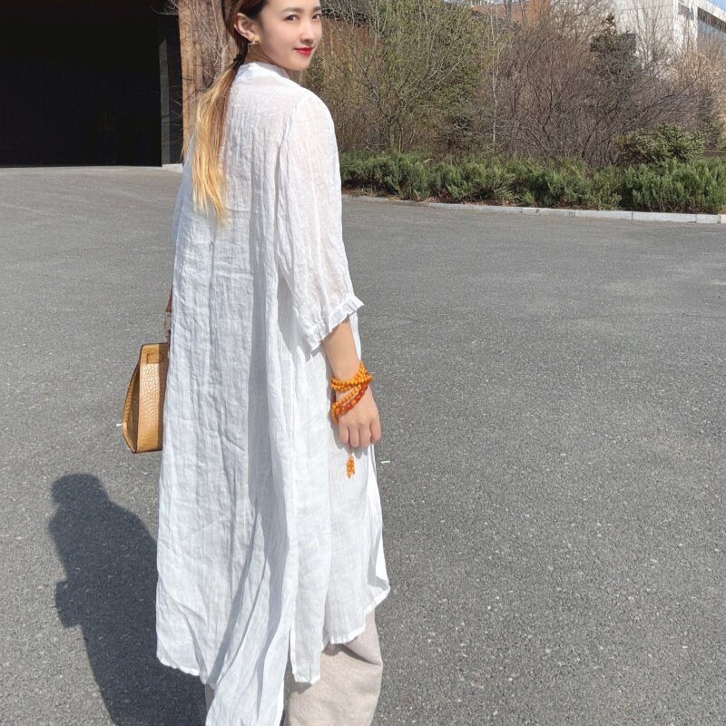 レディース シャツ 無地 ゆったり コットン 綿 リネン 春夏 きれいめ 通勤 体型カバー おしゃれ 前開き 春 夏 シンプル ハイネック ロング 薄手 スタンドカラー 都会的 ラグジュアリー ボタン ポリエステル