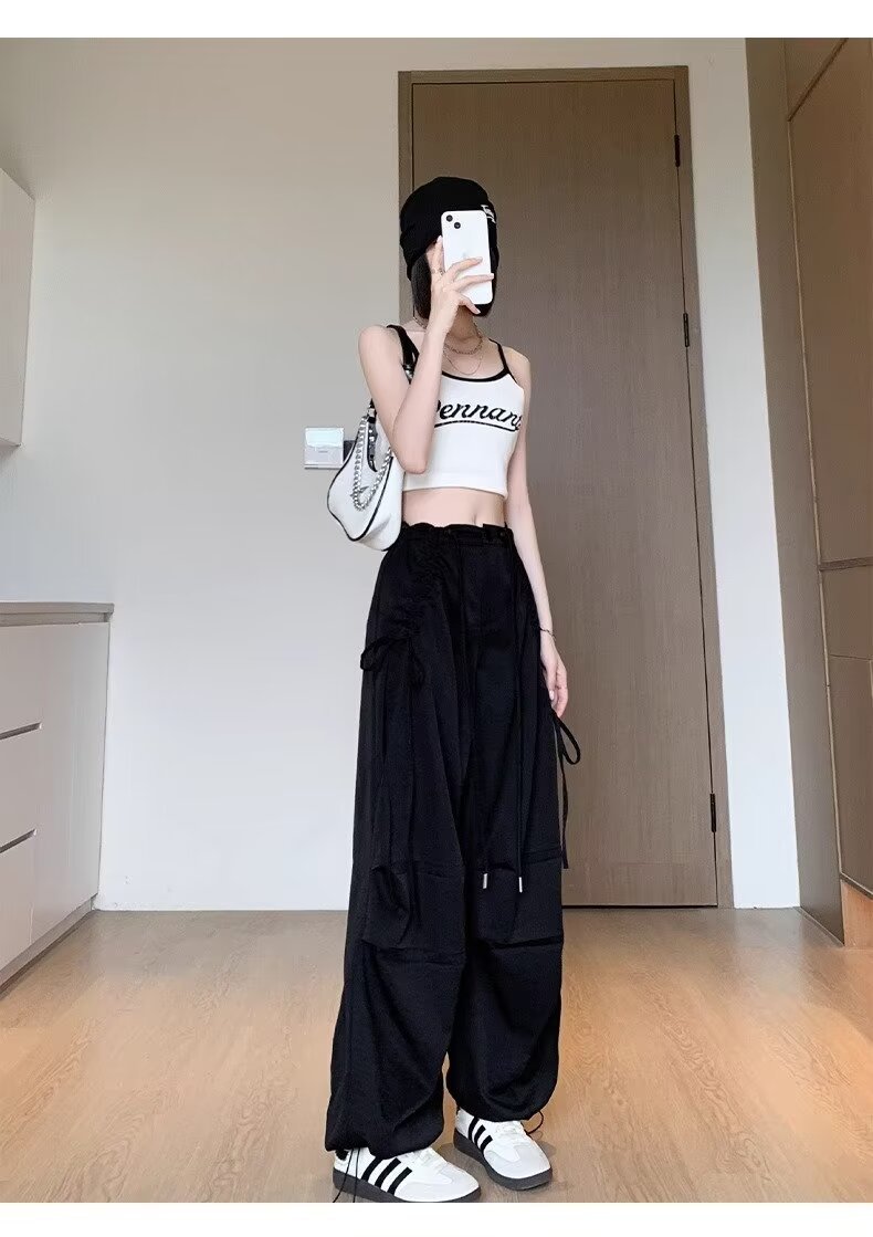 レディース パンツ ワイド カジュアル レトロ ストレート ワークパンツ 切り替えデザイン ストリート ポリエステル