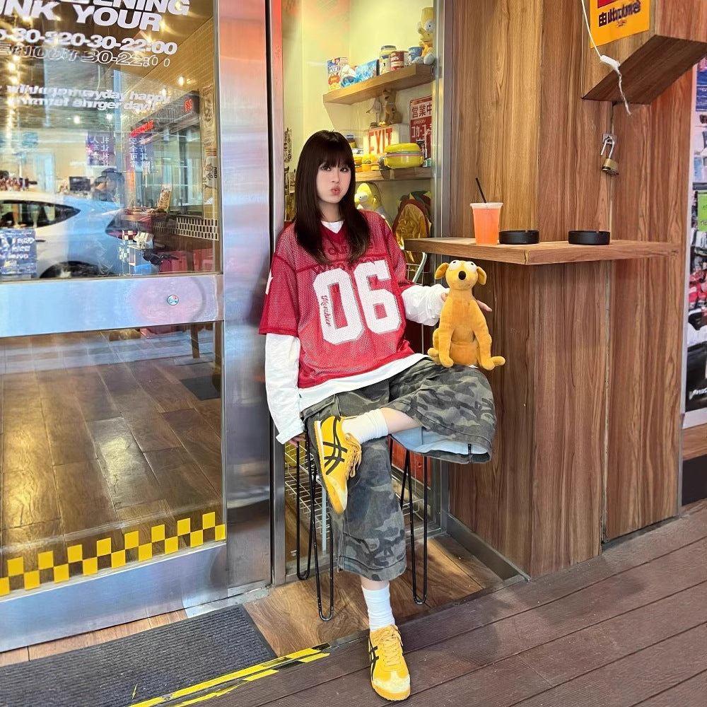 レディース パンツ ワイド 春夏 カジュアル アメリカン レトロ ボトムス 春 ショート 夏 男女兼用 ショートパンツ 7分丈 切り替えデザイン ポケット タイ 迷彩