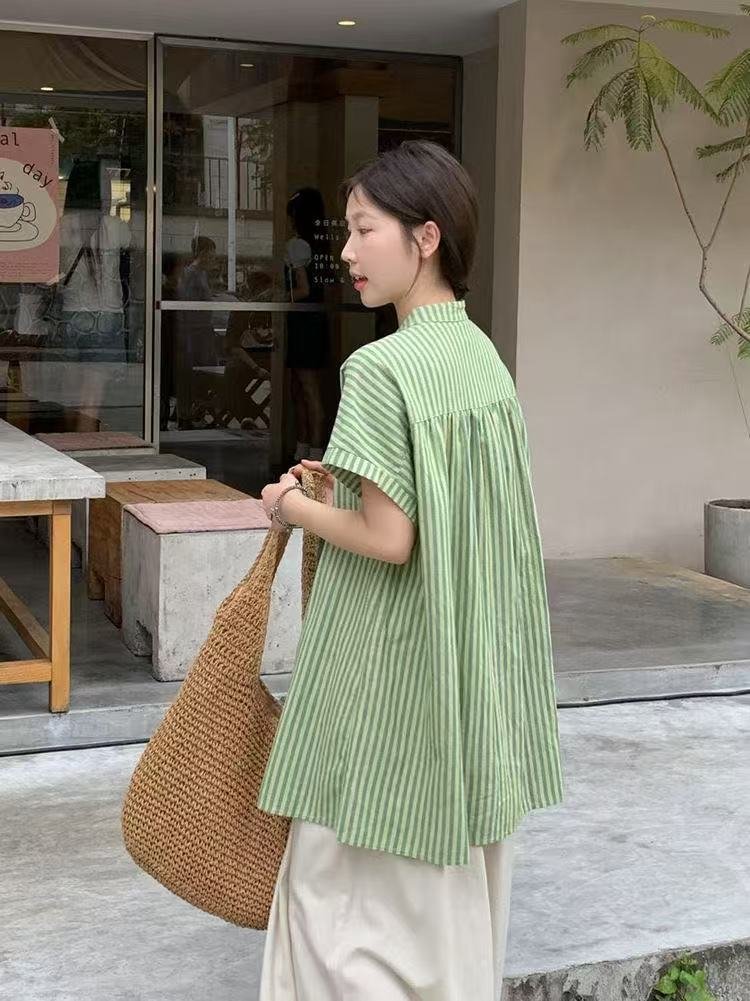 レディース シャツ トップス パンツ ボーダー ストライプ 無地 ゆったり 春夏 カジュアル きれいめ レトロ 前開き ミニ 春 夏 シンプル 上品 ロング 切り替えデザイン スーツ フェミニン タイ アプリコット セットアップ グリーン ポリエステル