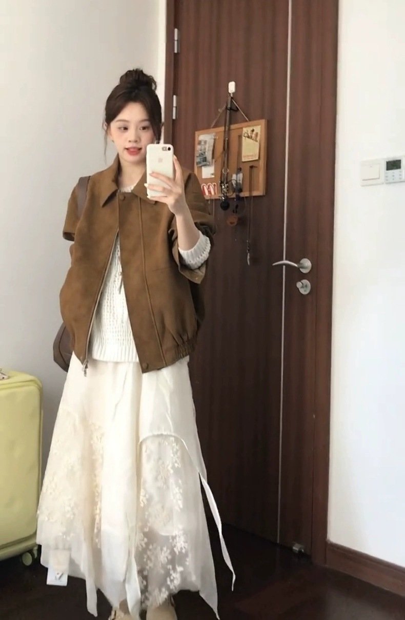 ジャケット 長袖 ゆったり 春夏 カジュアル 体型カバー 春 夏 膝丈 ブラウン 厚手 襟付き ヴィンテージ