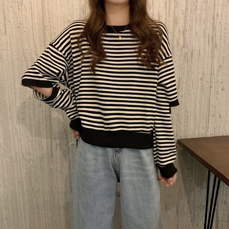 レディース シャツ トップス 長袖 ボーダー ストライプ チェック柄 ゆったり 秋冬 秋 きれいめ 通勤 体型カバー おしゃれ 前開き 膝丈 ラウンドネック 冬 学生 上品 薄手 切り替えデザイン 個性的 スウェット ポリエステル