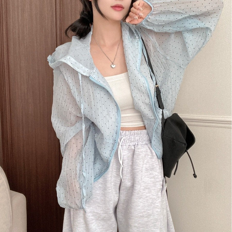 レディース ジャケット パーカー 長袖 ドット柄 ゆったり 春夏 春 夏 薄手 UVカット ドット