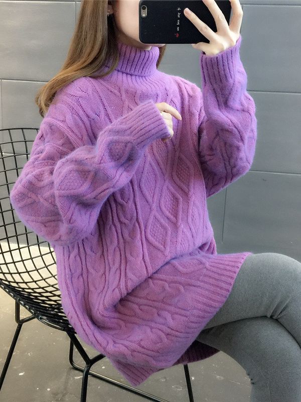 レディース トップス ニット 長袖 ゆったり 麻 秋冬 秋 フラワー 冬 ハイネック ロング 厚手 セーター プルオーバー ストレッチ