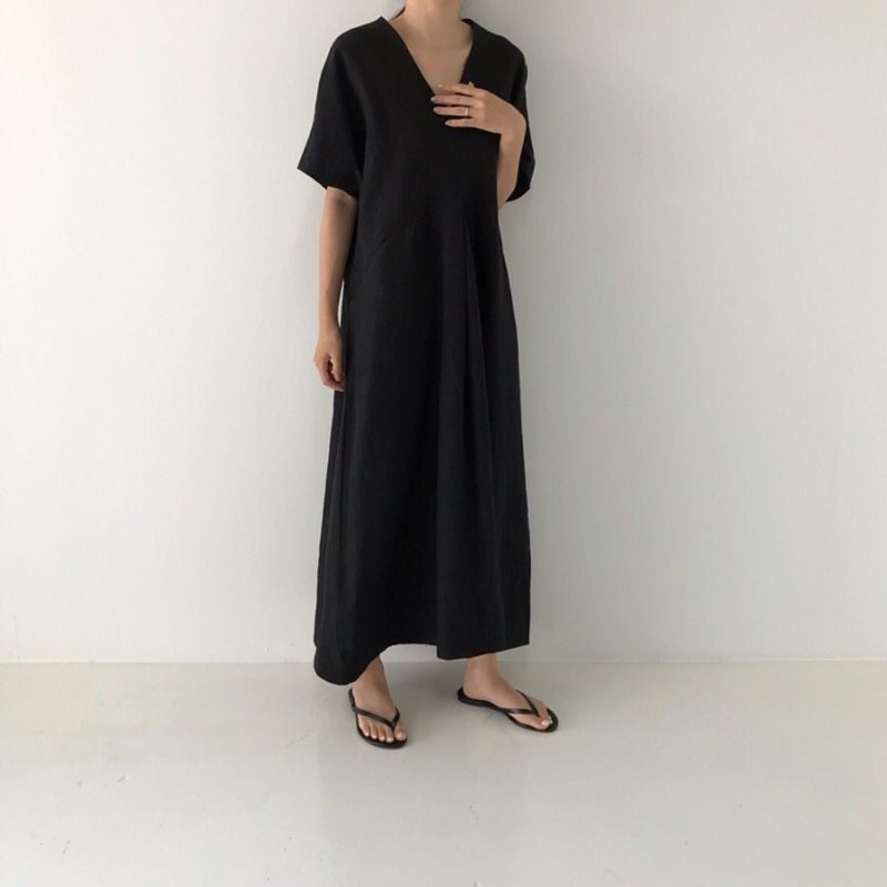 ドレス 半袖 無地 春夏 Vネック 春 夏 シンプル ロング 大きい