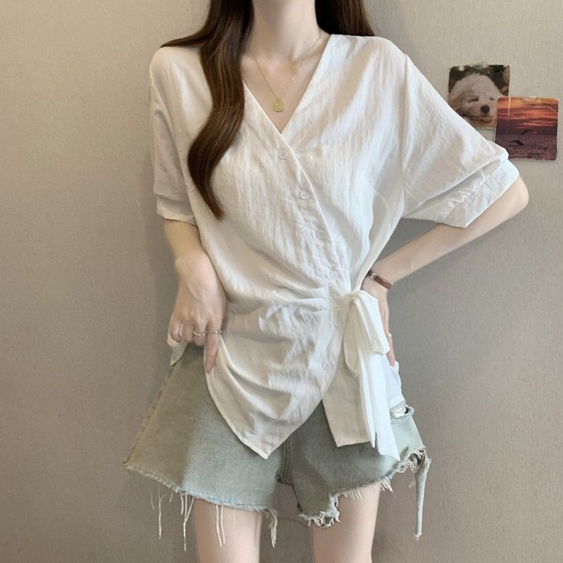 レディース シャツ トップス Tシャツ 半袖 無地 スリム 春夏 きれいめ 通勤 大きいサイズ 前開き Vネック 春 夏 シンプル リボン 個性的 レギュラー ボタン ポリエステル