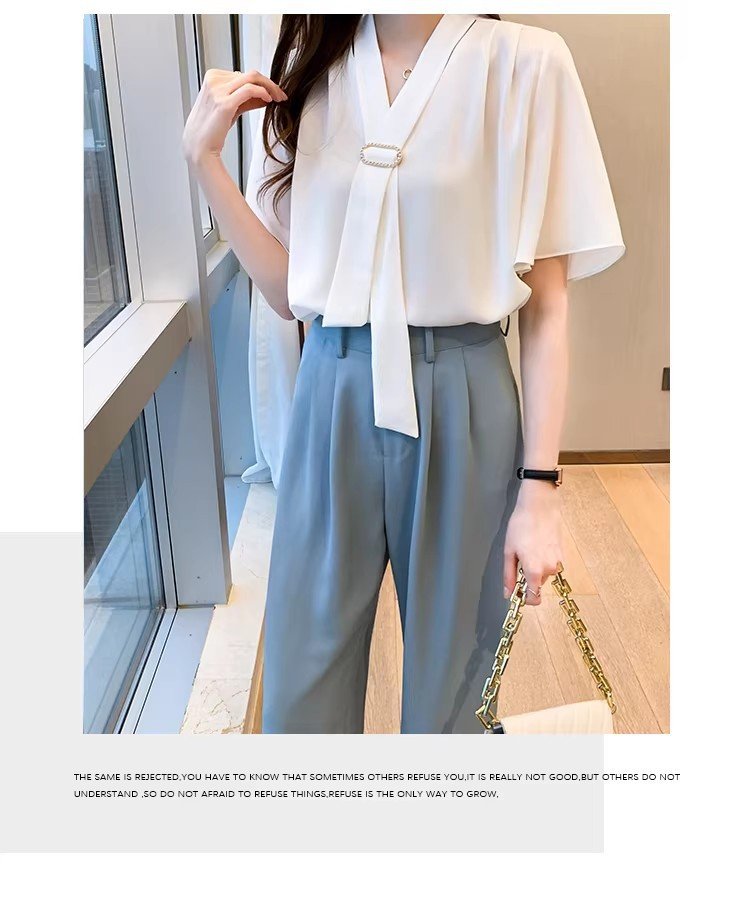 レディース ブラウス シャツ トップス 半袖 長袖 ゆったり 夏 秋冬 春夏 前開き Vネック 秋 冬 シフォン フリル ポリエステル