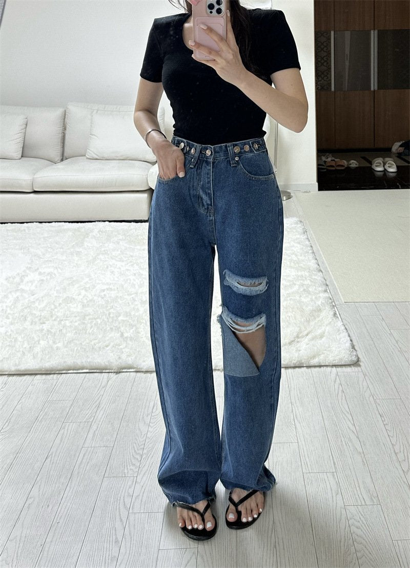 レディース パンツ ワイド コットン 綿 デニム 春夏 きれいめ 通勤 春 夏 ロング ストレート デニムパンツ ハイウエスト ヴィンテージ 都会的 ダメージ ウォッシュ