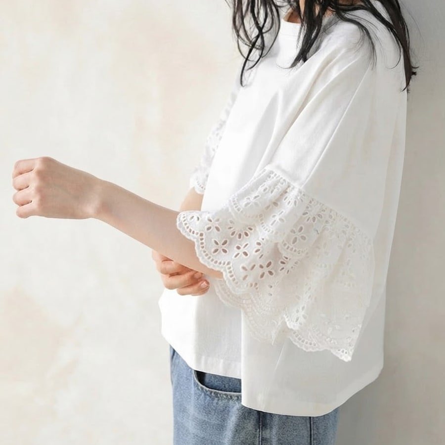 レディース トップス Tシャツ 半袖 ゆったり 春夏 カジュアル 体型カバー 春 夏 ホワイト ラウンドネック レース シャツ レギュラー
