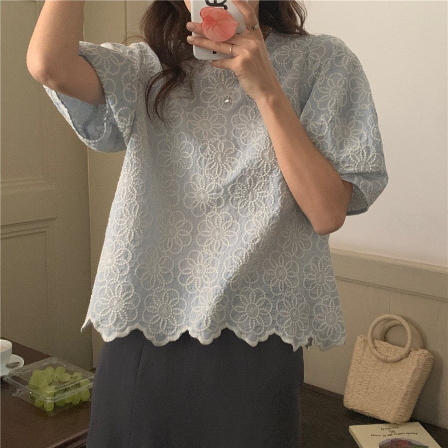 シャツ 半袖 コットン 綿 春夏 前開き 春 夏 ラウンドネック シンプル