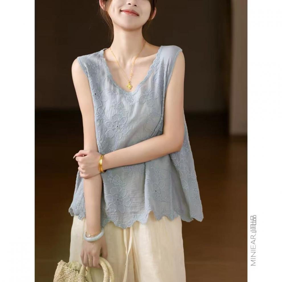 Tシャツ ノースリーブ 無地 ゆったり 春夏 きれいめ レトロ 通勤 体型カバー 春 夏 膝丈 シンプル 刺繍 シャツ ポリエステル 快適