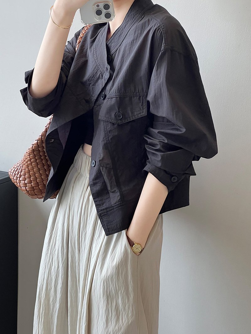 レディース シャツ コート 長袖 夏 韓国風 春夏 前開き ショート 薄手 スタンドカラー アウター ボタン ポリエステル