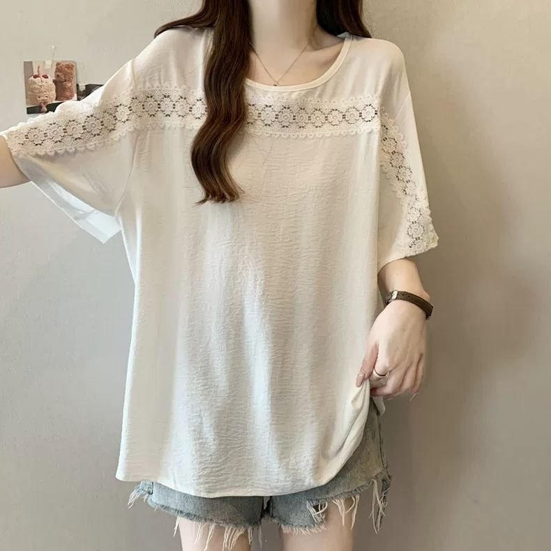 レディース シャツ トップス Tシャツ 半袖 無地 ゆったり 春夏 きれいめ 通勤 大きいサイズ おしゃれ 体型カバー 前開き 春 夏 ラウンドネック タイト レース シンプル 細身 シフォン タイ 都会的 レギュラー 着痩せ