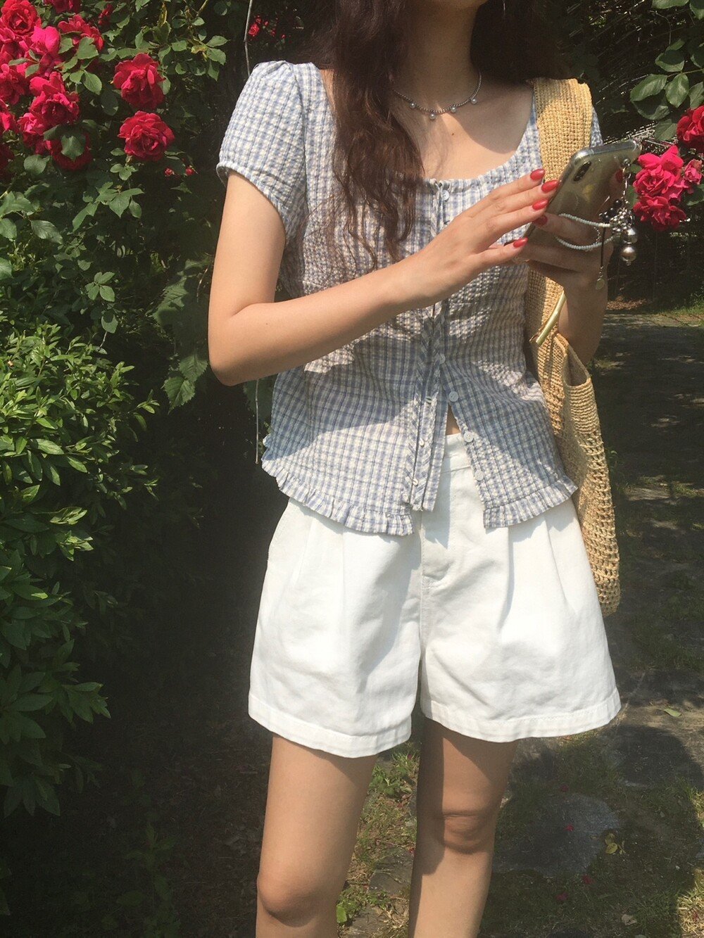 シャツ 半袖 チェック柄 春夏 前開き 春 夏 ラウンドネック フリル
