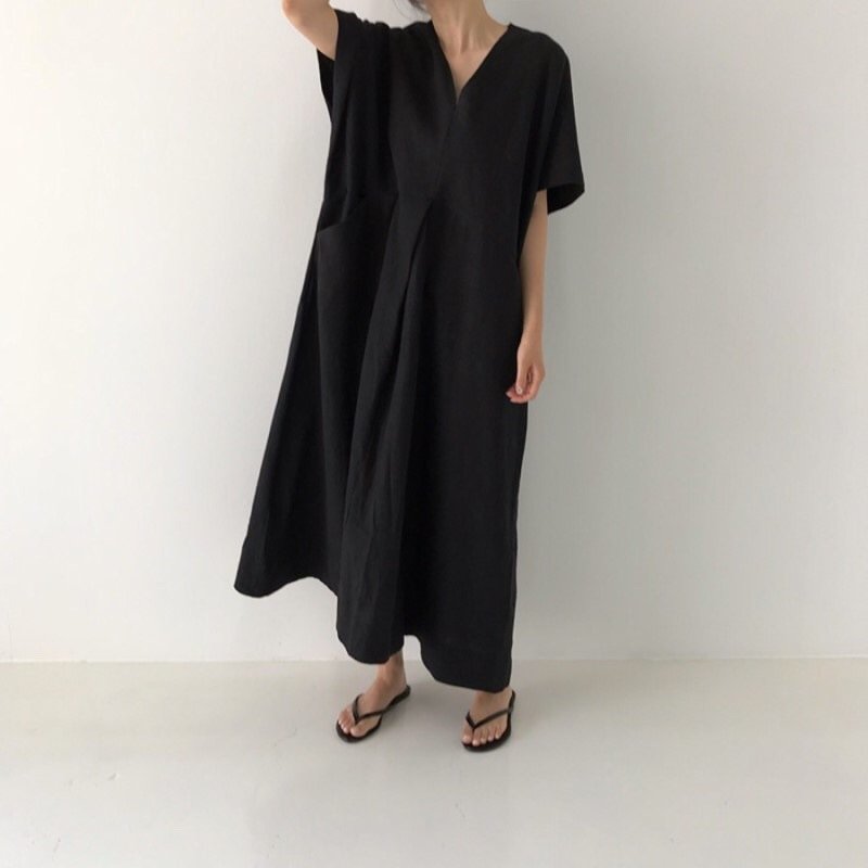 ドレス 半袖 無地 春夏 Vネック 春 夏 シンプル ロング 大きい