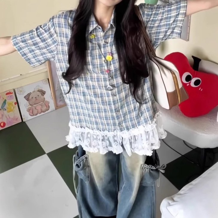 レディース ブラウス シャツ トップス 半袖 チェック柄 ゆったり 夏 韓国風 大きいサイズ 春夏 前開き レース