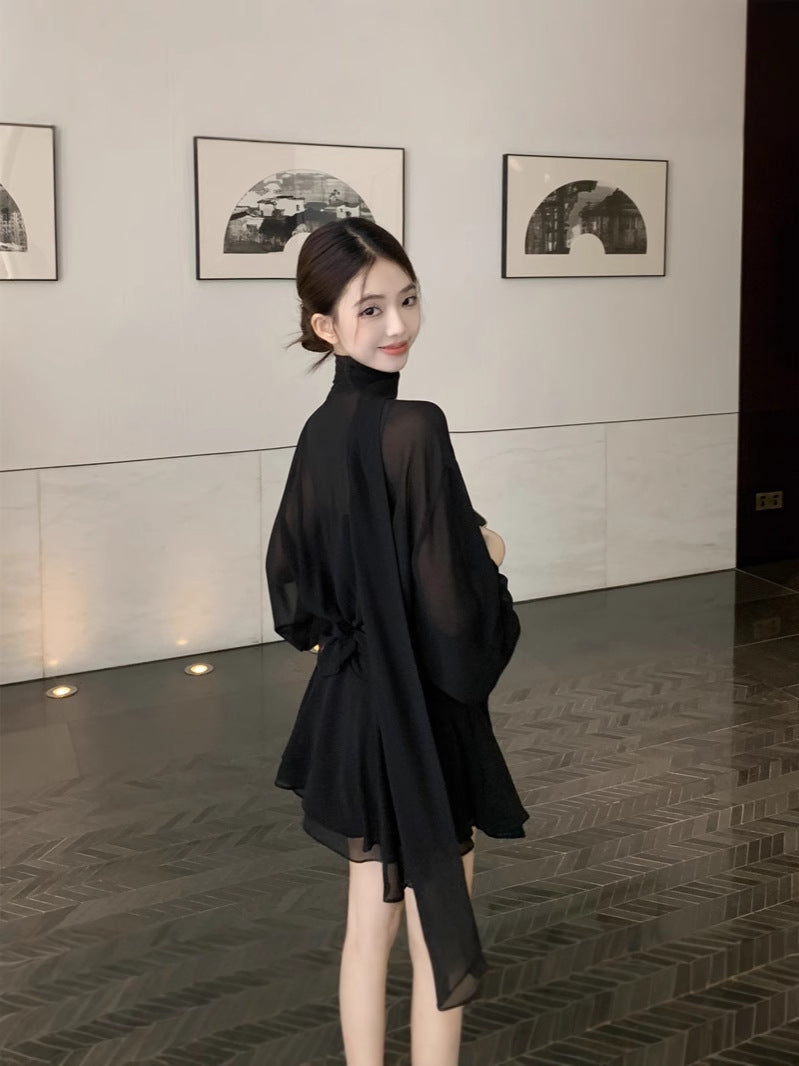 ワンピース 半袖 長袖 春夏 きれいめ 通勤 Vネック プリーツ 春 ショート 夏 黒 シフォン 脚長 Aライン セクシー