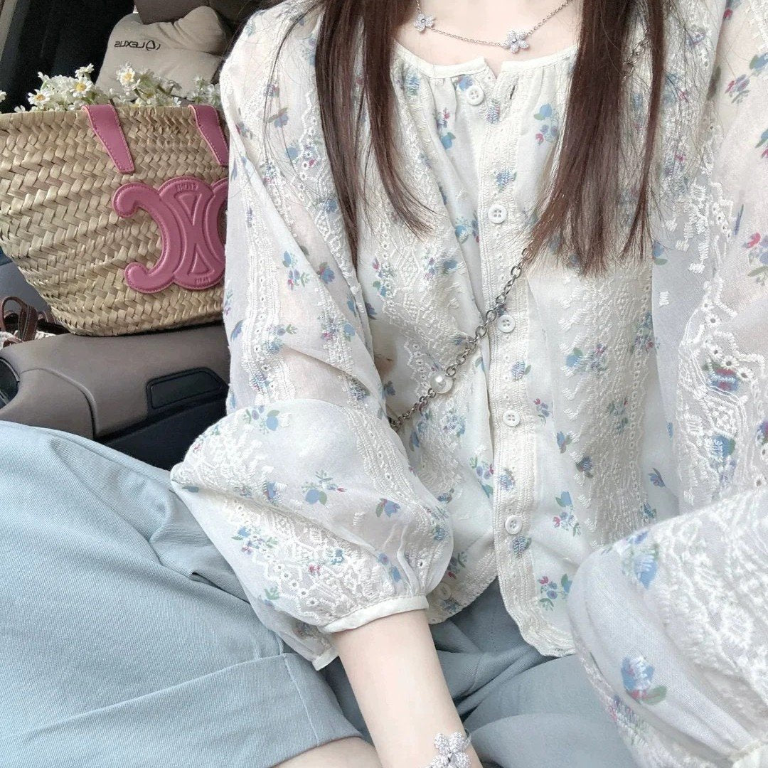 レディース ブラウス シャツ 長袖 花柄 ゆったり 春夏 きれいめ 体型カバー 前開き 春 夏 ラウンドネック フラワー シンプル 上品 シフォン シフォンブラウス レギュラー ボタン ポリエステル