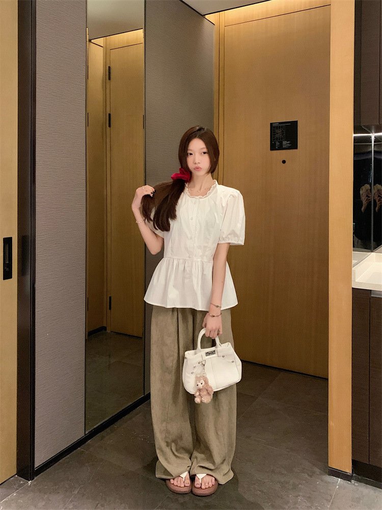 レディース シャツ 半袖 無地 春夏 レトロ 前開き 春 白 夏 ラウンドネック シンプル パフスリーブ レギュラー ポリエステル 白シャツ