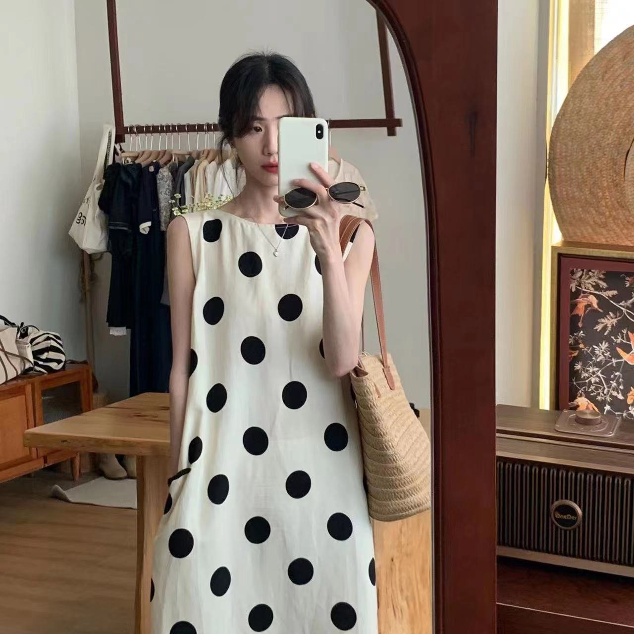 ワンピース ノースリーブ 春夏 袖なし 春 夏 ラウンドネック ドット リゾート ロング 大きい