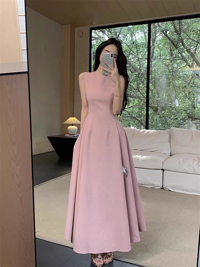 ドレス ノースリーブ 無地 スリム 春夏 きれいめ 袖なし 春 夏 ラウンドネック シンプル ロング 上品 ホワイト