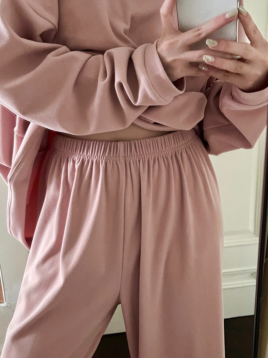 レディース トップス パンツ ボトムス ルームウェア パジャマ プルオーバー 部屋着 セットアップ 2点セット 上下セット 裏起毛 寝巻き ロング ミドル丈 長袖 ドロップショルダー ラウンドネック 襟なし ワイド オーバーサイズ  かわいい シンプル カジュアル ラフ こなれ感 ベーシック 無地 秋 冬 ママ お泊まり リゾート 旅行 休日 ホテル お家時間 楽ちん M L XL 2XL 大きいサイズ ゆったり ブラック ピンク ベーシックカラー