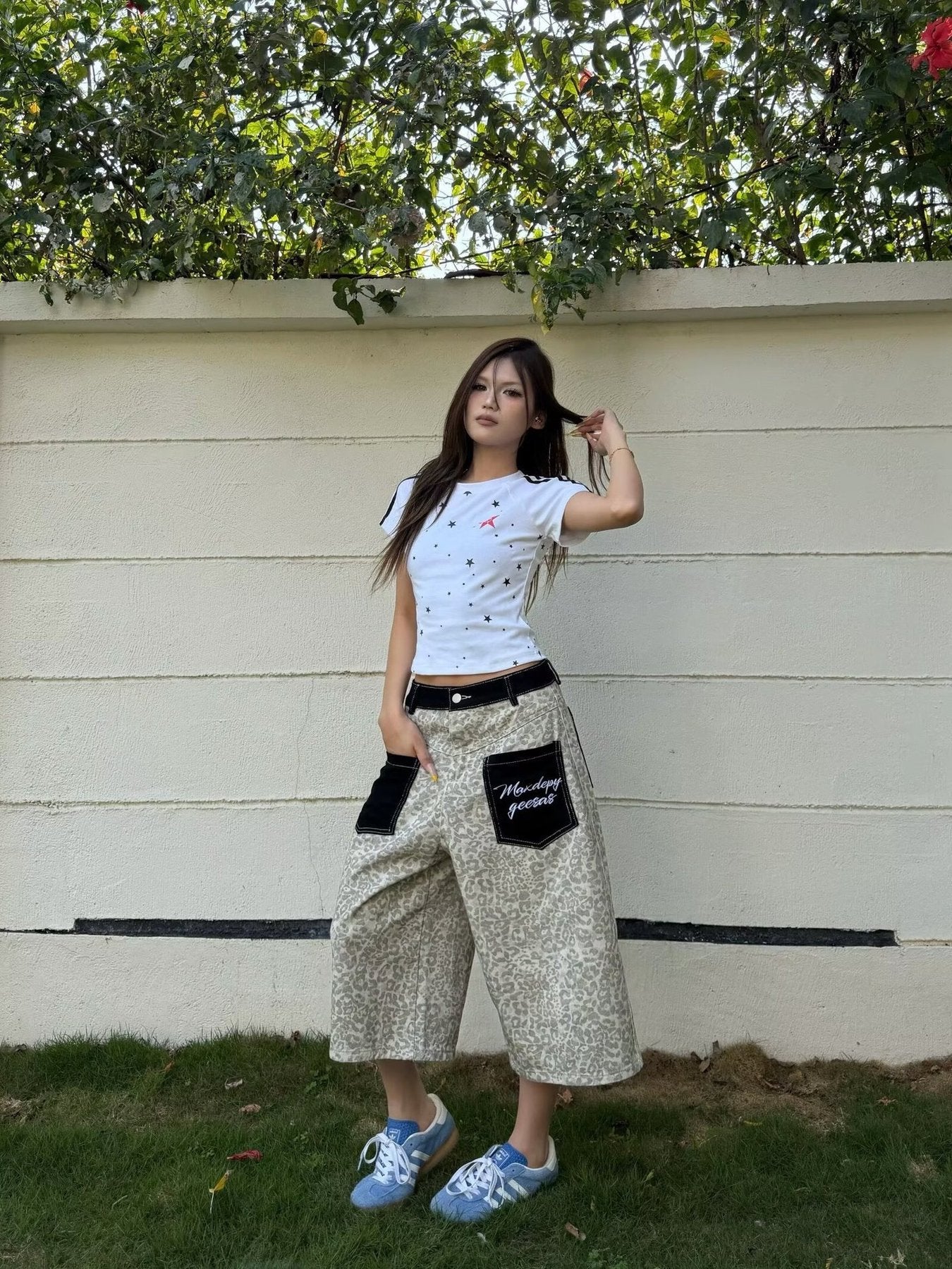 レディース パンツ ゆったり ワイド コットン 綿 デニム 春夏 カジュアル アメリカン 春 夏 ワイドパンツ レオパード ポケット ハイウエスト ストリート ヴィンテージ ストレッチ