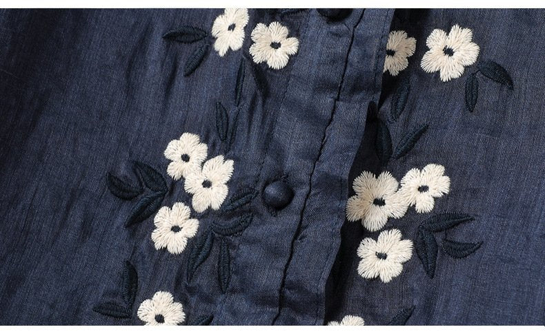 レディース ブラウス シャツ ゆったり 麻 春夏 体型カバー 前開き Vネック 春 夏 膝丈 刺繍 フリル 薄手 切り替えデザイン フリル袖 ボタン