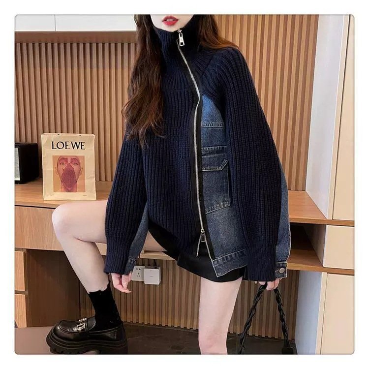 レディース ニット カーディガン コート 長袖 ゆったり デニム 秋 体型カバー 膝丈 セーター 襟付き ファスナー